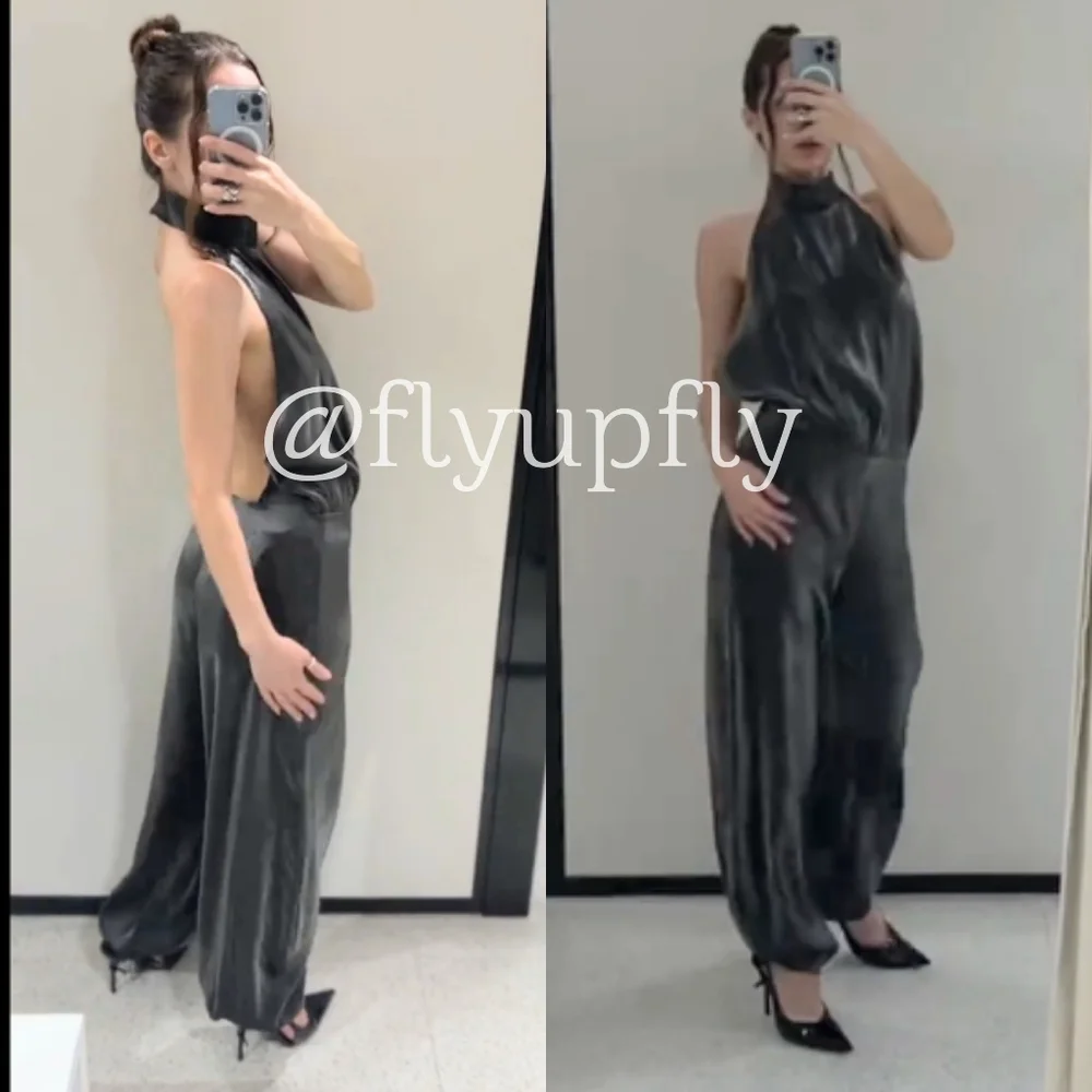 Zara Balloon Metallic Silver Gray Jumpsuit Size M